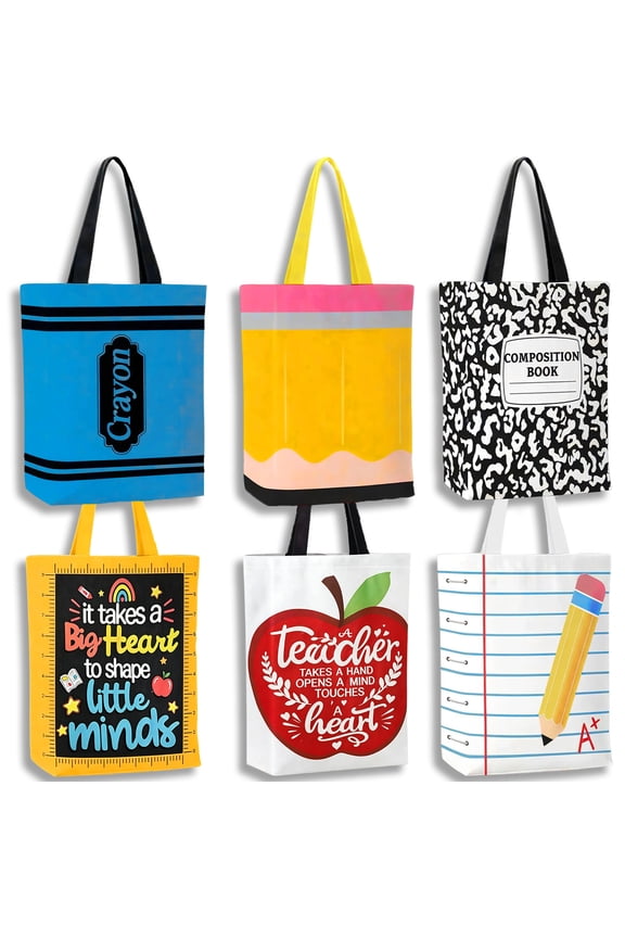 6 Pack Mini Canvas Tote Bags, Reusable Stationery Pattern Gift Bags for Office Appreciation & Daily Use