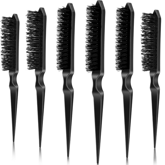 6 Pcs Teasing Brush for Fine Hair Nylon Rat Tail Brush Set Women Three Row Salon Teasing Set for Back Combing, Root Hair Scalp Massage(Black)