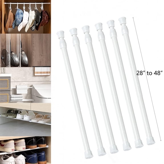 Tension Rod 28-48" Pack of 6, Adjustable Spring No Drilling Lightweight Curtain Tension Rod for Windows Cabinet Wardrobe Closet, 1/2" Diameter, White