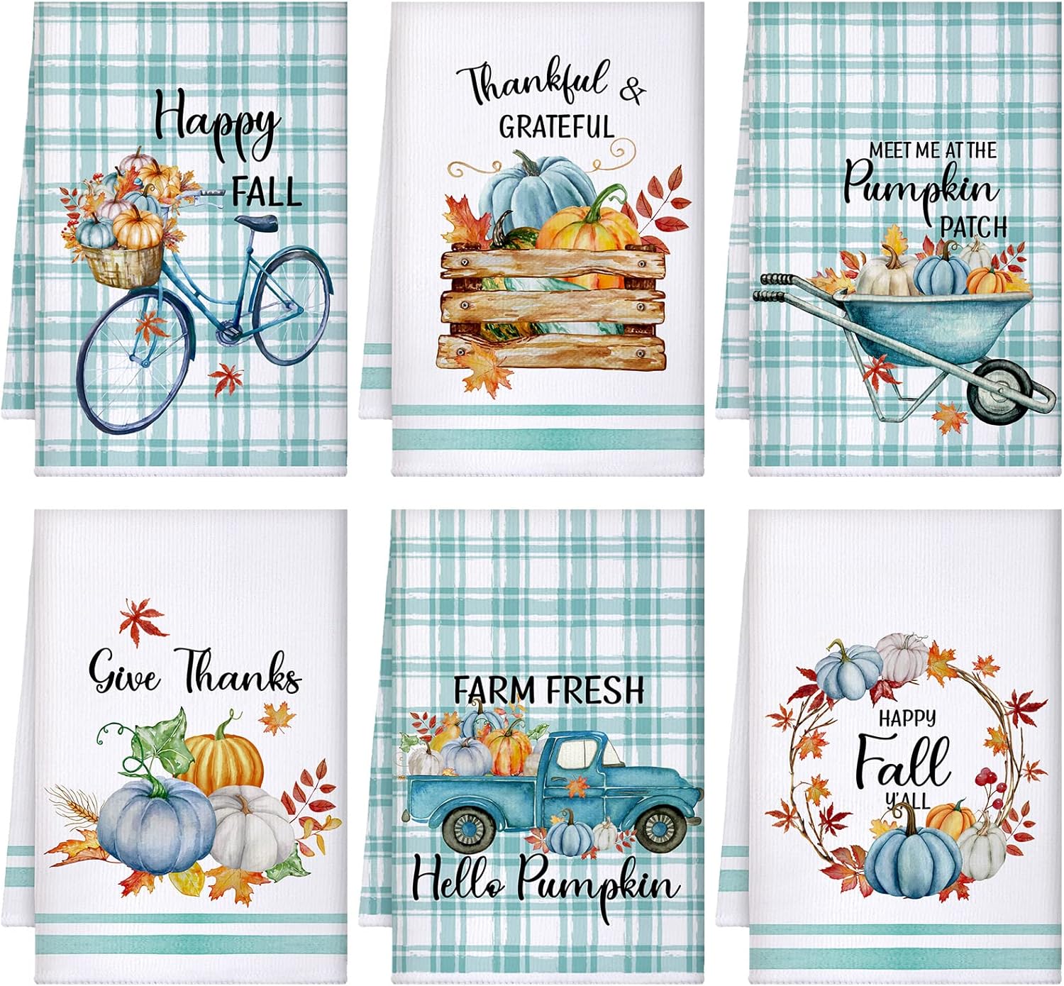 6 Pcs Thanksgiving Kitchen Towels Blue Pumpkin Tea Dishtowels Absorbent Autumn Bathroom Hand Towels Blue Thanksgiving Decoration for Xmas Kitchen Bathroom Gifts