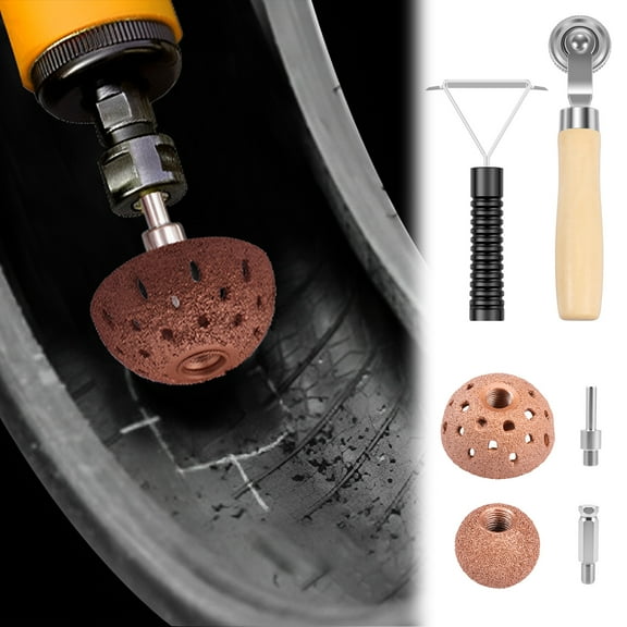 6 Pcs Tire Patch Repair Tool Kit Including Tire Patch Roller Scraping Cutter 2 Grinding Heads and 2 Connecting Rods for Car Truck Tractor