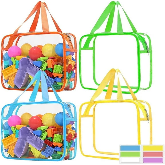 4 Pcs Toy Storage Bags, 11.8″×3.9″×8.7″ Clear Travel Bag with Labels, for Store Building Blocks Puzzles (4 Colors)