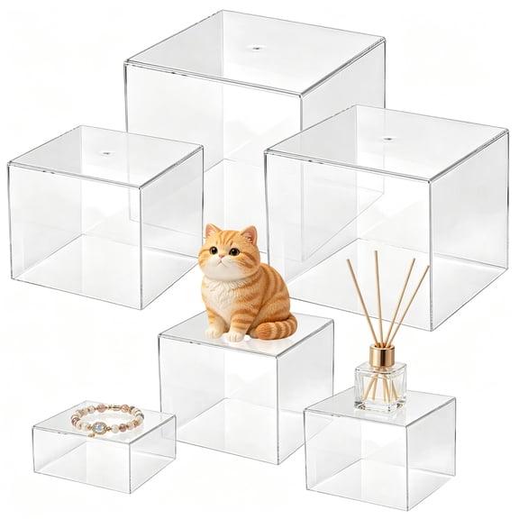 6 Pcs Transparent Display Showcase Cubes, Clear Stackable Risers for Action Figures, Collectibles, & Buffet Serving, Dustproof Multi-Size Storage Containers for Jewelry, Office Supplies, Crafts