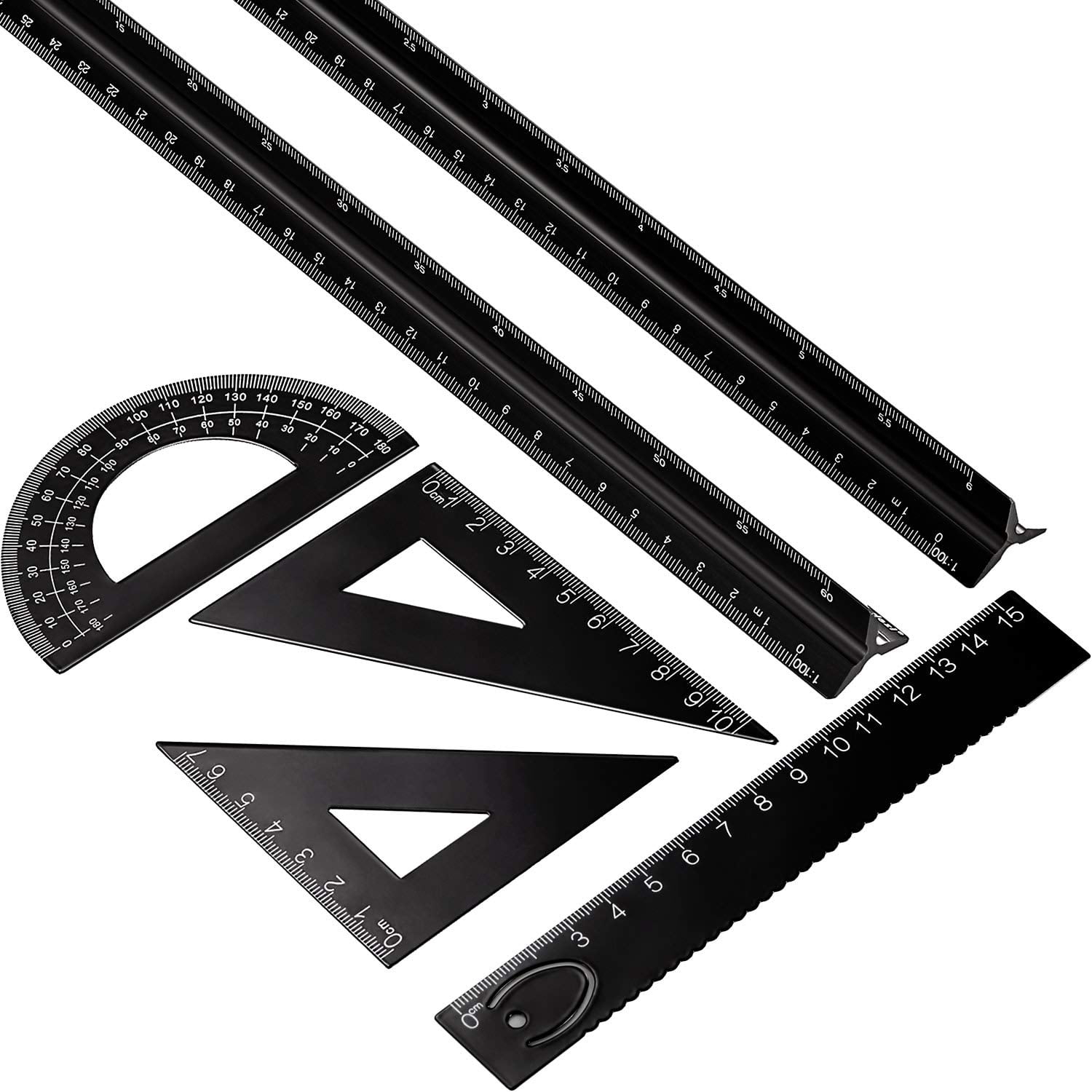 5 PCS Metal Geometry Set With Protractor And Triangle Rulers, 8 & 6 Inch Aluminum Alloy Math Drafting Ruler Straight Measuring Tool For School And Office, Metric And Imperial Black - View #8
