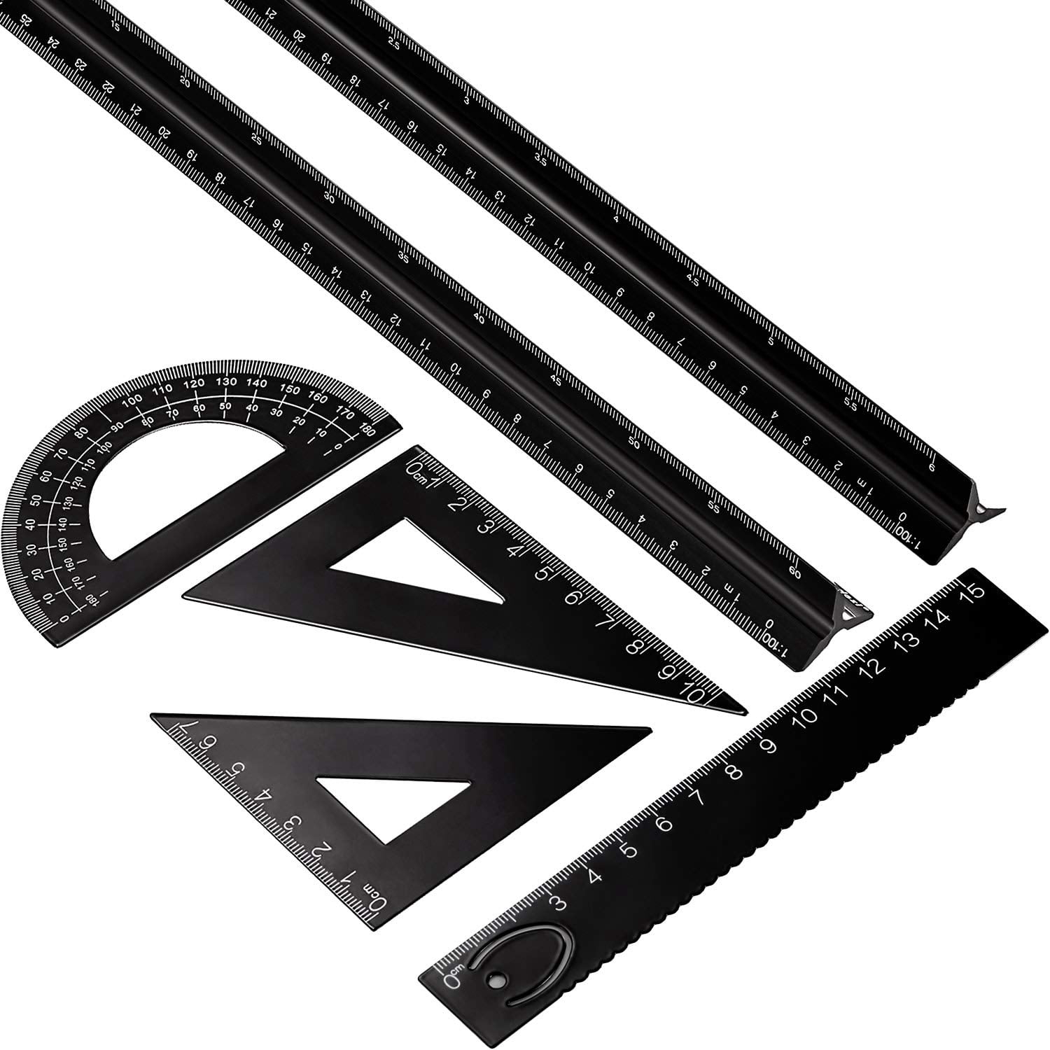 6 Pcs Triangular Ruler t 12 Inch Engineering Scale Aluminum Architect Drafting Metal Protractor Arquitectura Accessories for Students Draftsman Engineers Metric(Black)