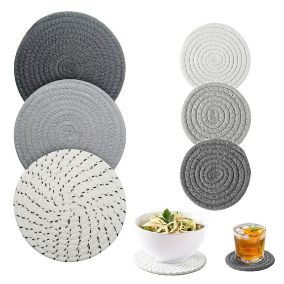 6 Pcs Trivets Trivets Cotton Thread Weave Coasters Nonslip Tabletop Protectors Cups Coasters Hot Pot Pads Plate Dinner Mat Placemats Coffee Coasters Round Woven Mat for Hot Dishes Teapot,7'' & 4.3''