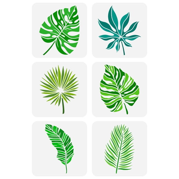 6 Pcs Tropical Leaves Painting Stencil - 7.9x7.9 Monstera Ceriman Rubber Grass Palm Leaf Spraying Plants Themes Reusable Leaves Pattern Wall