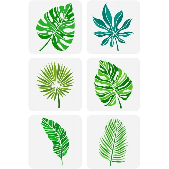 6 Pcs Tropical Leaves Painting Stencil 7.9x7.9" Monstera Ceriman Rubber Grass Palm Leaf Spraying Stencil Plants Themes Spraying Stencil Reusable Leaves Pattern Wall Hollow Out Stencil