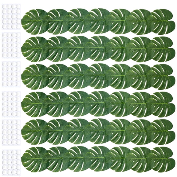 6 Pcs Tropical Palm Leaves Table Runner Set, Set Includes 7 Pcs Artificial Palm Leaves Table Runner with 20 Pcs Glue Dots, for Hawaiian Luau Party, Wedding, Jungle Summer Theme