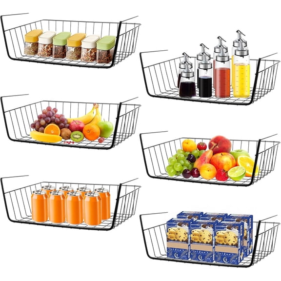 6 Pcs Undershelf Storage Basket Under Shelf Wire Basket Household Metal Under Shelf Hanging Storage Bin Basket Slides Under Shelves for Kitchen Pantry Bookshelf - 14.2" D x 9.1" W x 5.5" H, Black