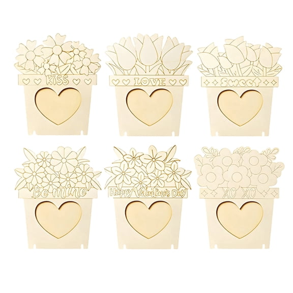 6 Pack Unfinished Wooden DIY Photo Frame Craft Kit, Heart-Shaped Cutout with Flower Pot Design, Paintable Valentine's Day, Mother's Day, Home Decor & Classroom Activity, 4.3x5.1"