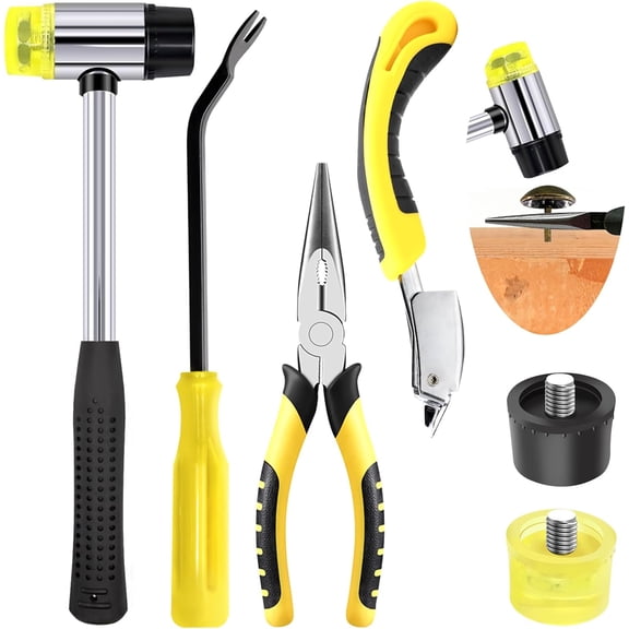 6 Pcs Upholstery Remove & Install Tools Kit Contains Rubber Mallet Hammer with 2PCS Replacement Head, Nail Tack Remover, Staple Tack Lifter and Removal Pliers for Furniture Floor Jewelry