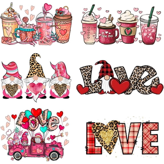 6 Pcs Valentine Iron on Transfers for T-Shirts, Cute Heart Love Design Heat Transfer Vinyl Appliques for Clothing DIY Decoration
