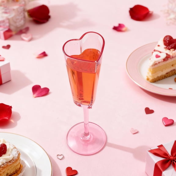 6 Pcs Valentine's Day Champagne Flutes Pink Clear Heart Shaped Sparkling Wine Glasses Elegant Valentine's Day Gift for Couples Wedding Anniversary Glassware Birthday
