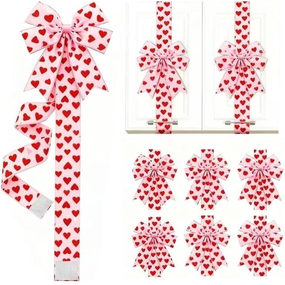 6 Pcs Valentine's Day Pink Heart Large Bow Decoration – Pink Ribbon Bows for Cabinet Doors, Romantic Pink Heart Home Decor, Indoor Festive Display Ornaments, Valentines Day Party Supplies Z