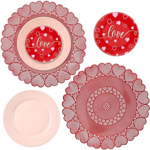 6 Pcs Valentine's Day Tableware Set Include Large Pink Ceramic Flat Plates Valentine's Red Dinner Ceramic Plates and Place Mats for Wedding Anniversary Party Decorations$$
