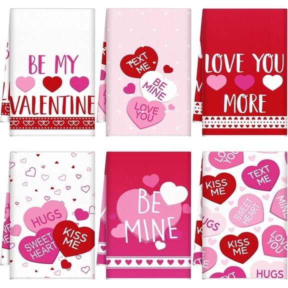 6 Pcs Valentines Day Towels Valentine''s Day Kitchen Hand Towels for Bathroom Decor Conversation Hearts Red Pink Romantic Heart True Love Forever Holiday Dishcloth, 18 x 28 Inches