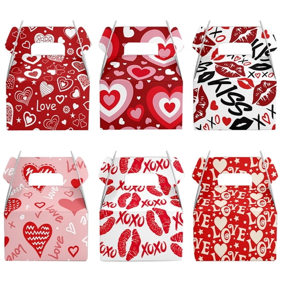 6 Pcs Valentines Day Treat Boxes Heart Prints Cardboard Box - Handheld Paper Gift Boxes - Charming Heart, Lip & XOXO Designs for Valentines Day, Wedding, Engagement Parties