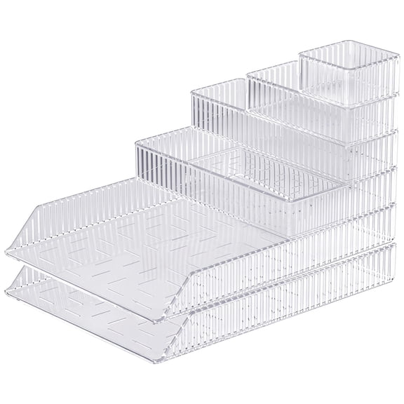 6 Pcs of Vanity Drawer Organizer, Acrylic Organizers Drawers in 5 Sizes, Clear PET Makeup Drawer Organizer for Office Desk, Kitchen, Vanity Storage, Modular Stackable Design