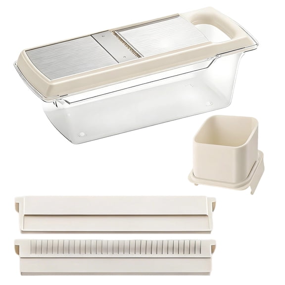 6 Pcs Vegetable Slicer Dicer Set, 5 Interchangeable Stainless Steel Blades Mandoline Slicer with Food Container, Kitchen Tool for Potato, Vegetable Chopper, Safe Hand Guard, Off-White