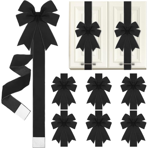 6 Pcs Velvet Cabinet Bows, Christmas Cabinet Ribbon Bows for Window & Kitchen Decorations, Xmas Party Supplies (Black, 10 Inches)