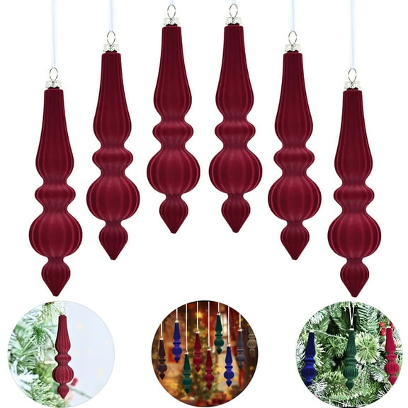 6 Pcs Velvet Christmas Ornaments Ball, Flocked Christmas Tree Taper Shaped Ball Ornaments, Christmas Shatterproof Plastic Decorative Hanging Ornaments for Xmas Tree