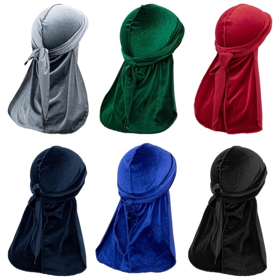 6 Pcs Velvet Long Tail Headwraps for Men, Soft and Comfortable Headscarves, Multiple Color Options, Adjustable Ties, Smooth Lining, Ideal for Waves and Hairstyles