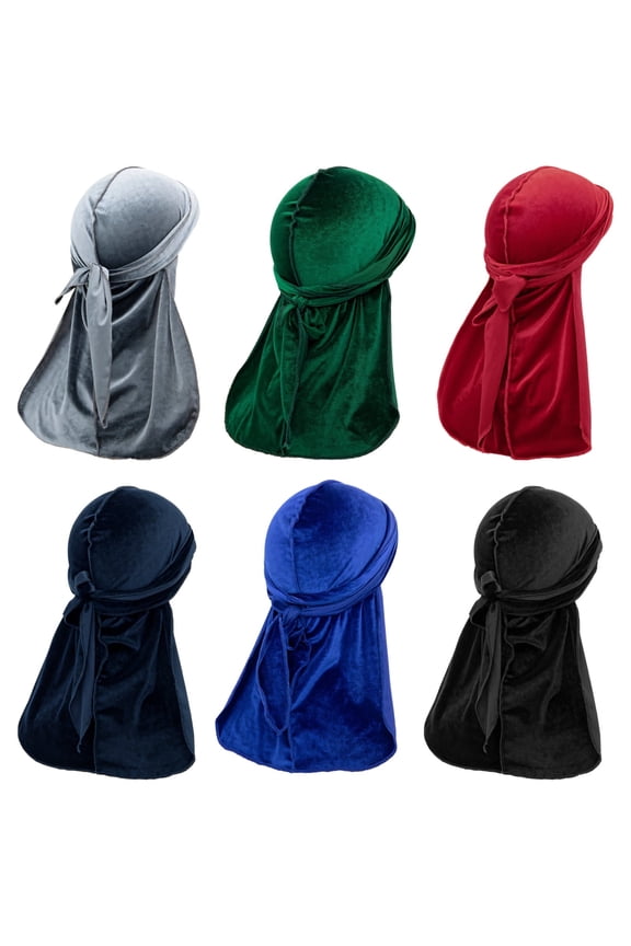 6 Pcs Velvet Long Tail Headwraps for Men, Soft and Comfortable Headscarves, Multiple Color Options, Adjustable Ties, Smooth Lining, Ideal for Waves and Hairstyles