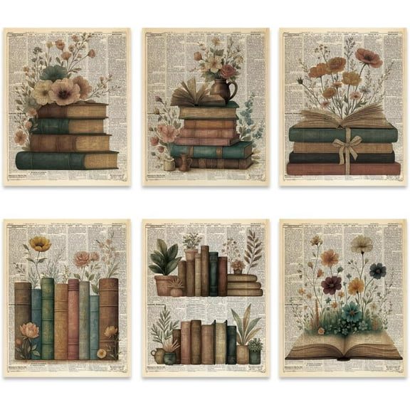 6 Pcs Vintage Book Wall Art Decors Retro Newpapers Background Flower Books Wall Posters Book Lovers Posters for DIY Reading Room Library Dorm Classroom Home Decor (8x10 Inch Unframed)