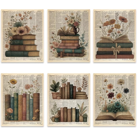 6 Pcs Vintage Book Wall Art Decors Retro Newpapers Background Flower ...