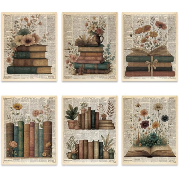 6 Pcs Vintage Book Wall Art Decors Retro Newpapers Background Flower Books Wall Posters Book Lovers Posters for DIY handcrafting