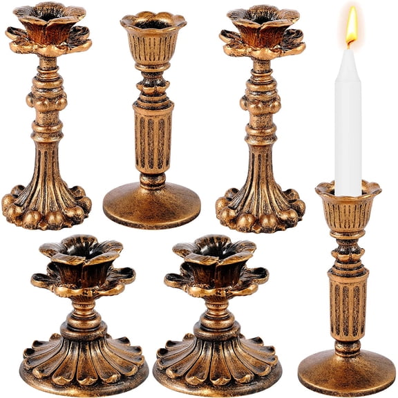 6 Pcs Vintage Candlestick Holders Taper Resin Candle Holder Retro Antique Candle Holder Floral Decorative Candlesticks for Wedding Anniversary Table Centerpieces Fireplace Home Decor (Bronze)