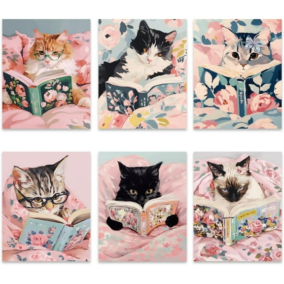 6 Pcs Vintage Cats Reading Books Wall Art Pink Funny Animal Aesthetic Posters Minimalist Prints Trendy Preppy Wall Decor for DIY Reading Room Dorm Home Decor (8x10 Inch Unframed)