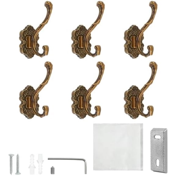 6 Pcs Vintage Coat Hooks, Heavy Antique Brass Decorative Wall Hooks for Hanging Clothes, Keys, Hats, Purse, Towels, Curtain Rack Bathroom$$Home Decor, Kitchen, & Other