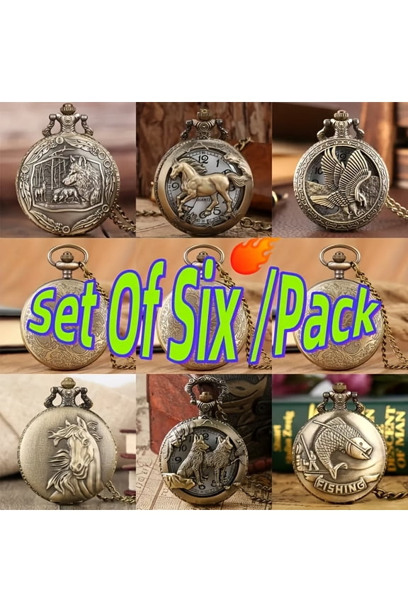 6 Pcs Vintage Embossed Pocket Watch Set, Horse Wolf Eagle Retro Mechanical Timepieces, Handcrafted Collectible Gifts for Family Friends, Anniversary & Holiday Presents