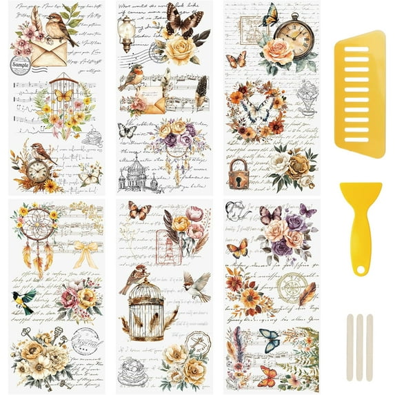 6 Pcs Vintage Flower Rub On Transfer Sticker,Text&Butterfly Stickers Canary Decals for Present Packaging DIY Scrapbooking Albums Furniture,15 * 30cm
