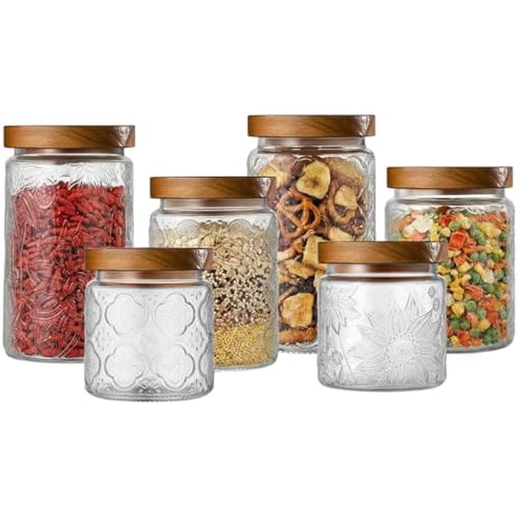 6 Pcs Vintage Glass Jar with Wooden Lid 17/24/34 oz Glass Airtight Food Storage Container with Lid Jar Begonia Sunflower Pattern for Kitchen Sugar Coffee Tea Beans Candy Cookie