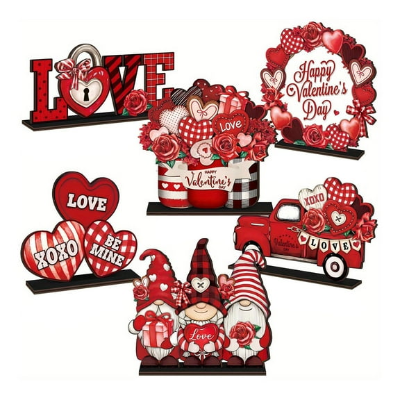 6 Pcs Vintage Rustic Valentine‘S Day Wooden Table Decorations Classic Red Valentine‘S Day Wood Tabletop Sign Centerpiece Romantic Decor For Farmhouse Home Kitchen Tiered Tray