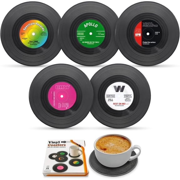 6 Pcs Vinyl Record 4.1" Diameter Retro Drink Non-Slip Heat Resistant Lightweight Records Decor for Coffee Table, Kitchen, Home and Office, Vinyl Set for Cups, Mugs and Glasses