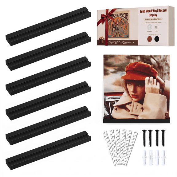 6 Pcs Vinyl Record Storage, 12 inch Vinyl Record Stand Wall Mount, No-Drilling Record Holder Wall with Adhesive & Screw Mounting Options,(Black)