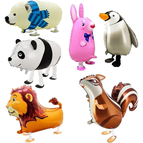 6 Pcs Walking Animal Balloons Cute Walking Panda Polar Bear Lion Penguin Bunny Squirrel Inflatable Animals Foil Party Balloons for Kids Baby Shower Animal Theme Birthday Party Decorations Supplies