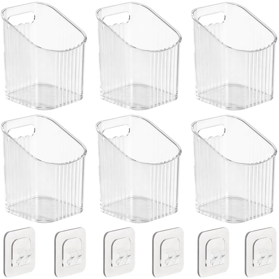 6 Pcs Wall Mount Organizer Set, Clear Makeup Containers with Strong Adhesive, Kitchen Adhesive Cabinet Door Storage Bins, Plastic Organizer Basket, 3.5 x 3.5 x 4.3 in