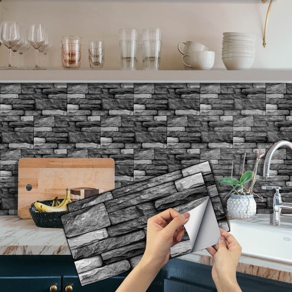 6 Pcs Waterproof Gray Tiles Stickers Wall Decals 11.8'' x 5.9'' Self Adhesive Mosaic Brick Pattern Peel and Stick Backsplash