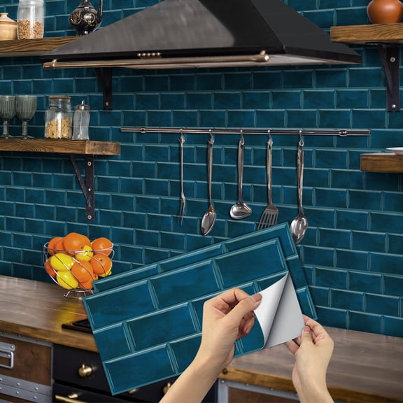 6 Pcs Waterproof Peel and Stick Tiles Stickers Wall Decals Blue Marbing Brick Mosaic Pattern 11.81'' x 5.91'' Sticker Self Adhesive Backsplash