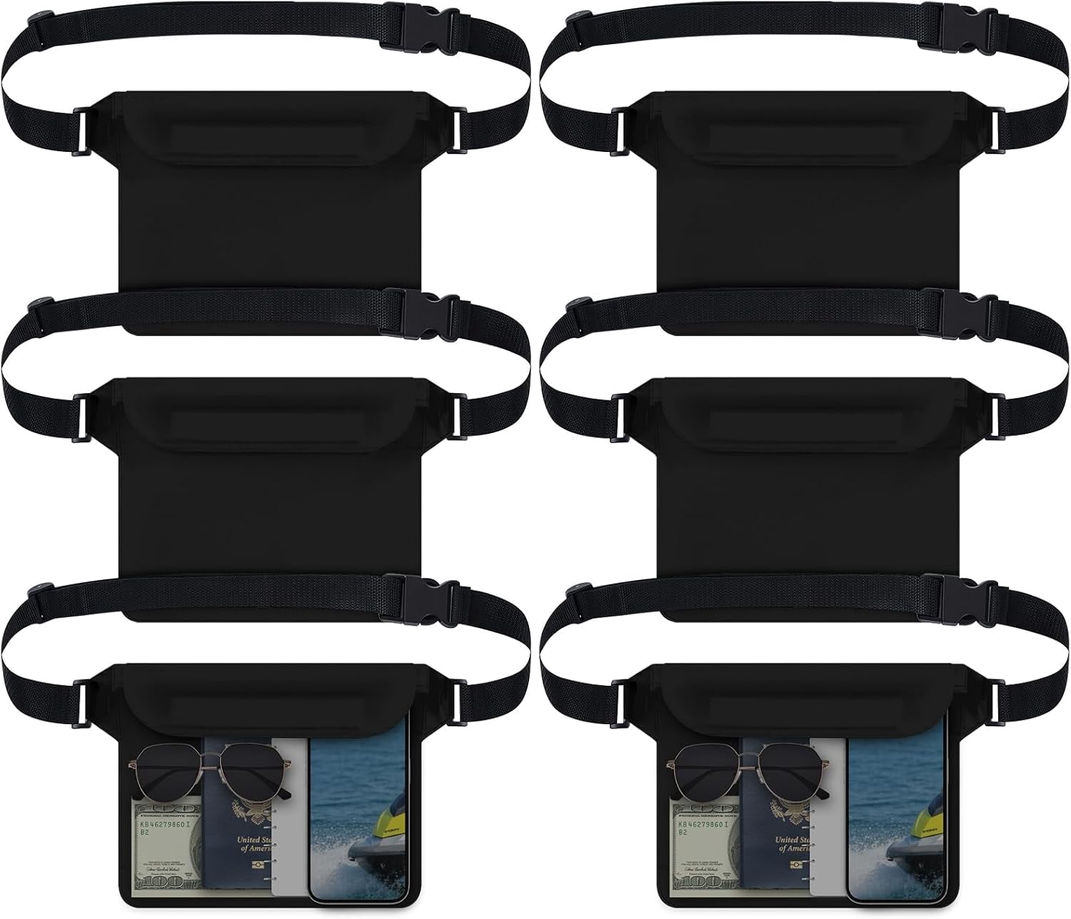 6 Pcs Waterproof Pouch with Waist Strap Fanny Pack Dry Bag for Phone Wallet Reusable Lightweight Belt Beach Swimming Kayaking Boating Travel Water Activity (Black)