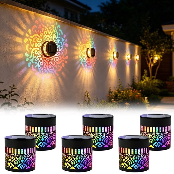 6 Pcs Waterproof Solar Mandala Lights Outdoor, 7 Color Changing Mandala Solar Fence Lights, Metal Solar Projector Wall Lamp For Patio Yard Garden Decor