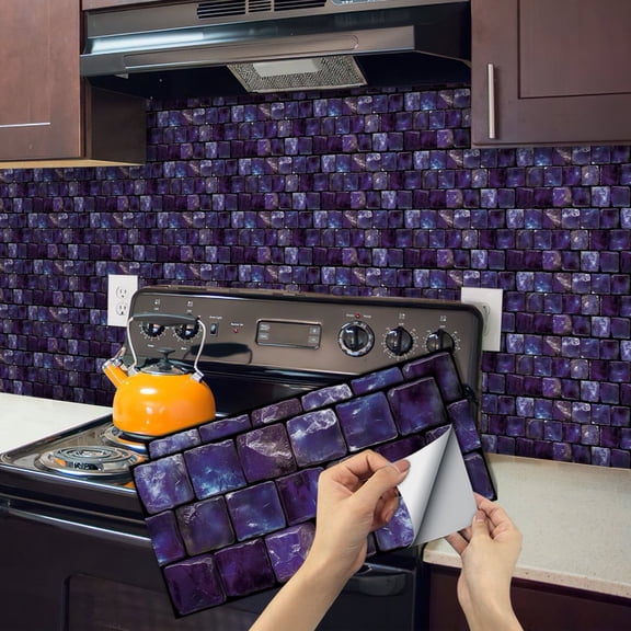 6 Pcs Waterproof Tiles Stickers Wall Decals 11.8'' x 5.9'' Purple Blue Mosaic Brick Pattern Peel and Stick Backsplash Decor