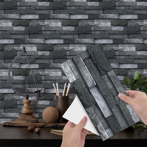 6 Pcs Waterproof Tiles Stickers Wall Decals 11.8'' x 5.9'' Self Adhesive Gray Mosaic Brick Peel and Stick Backsplash for Kitchen Bathroom Decor