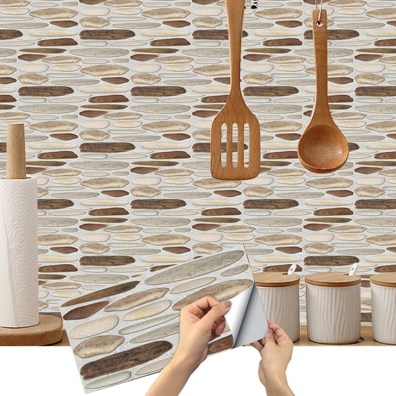 6 Pcs Waterproof Tiles Stickers Wall Decals 11.81'' x 5.91'' Beige Brown Gray Mosaic Stone Pattern Sticker Peel and Stick Kitchen Backsplash