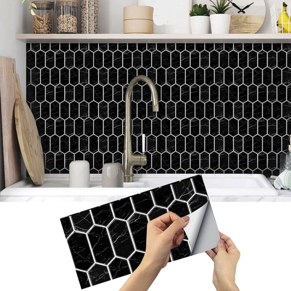 6 Pcs Waterproof Tiles Stickers Wall Decals 11.81'' x 5.91'' Black Gray White Mosaic Brick Pattern Peel and Stick Kitchen Backsplash